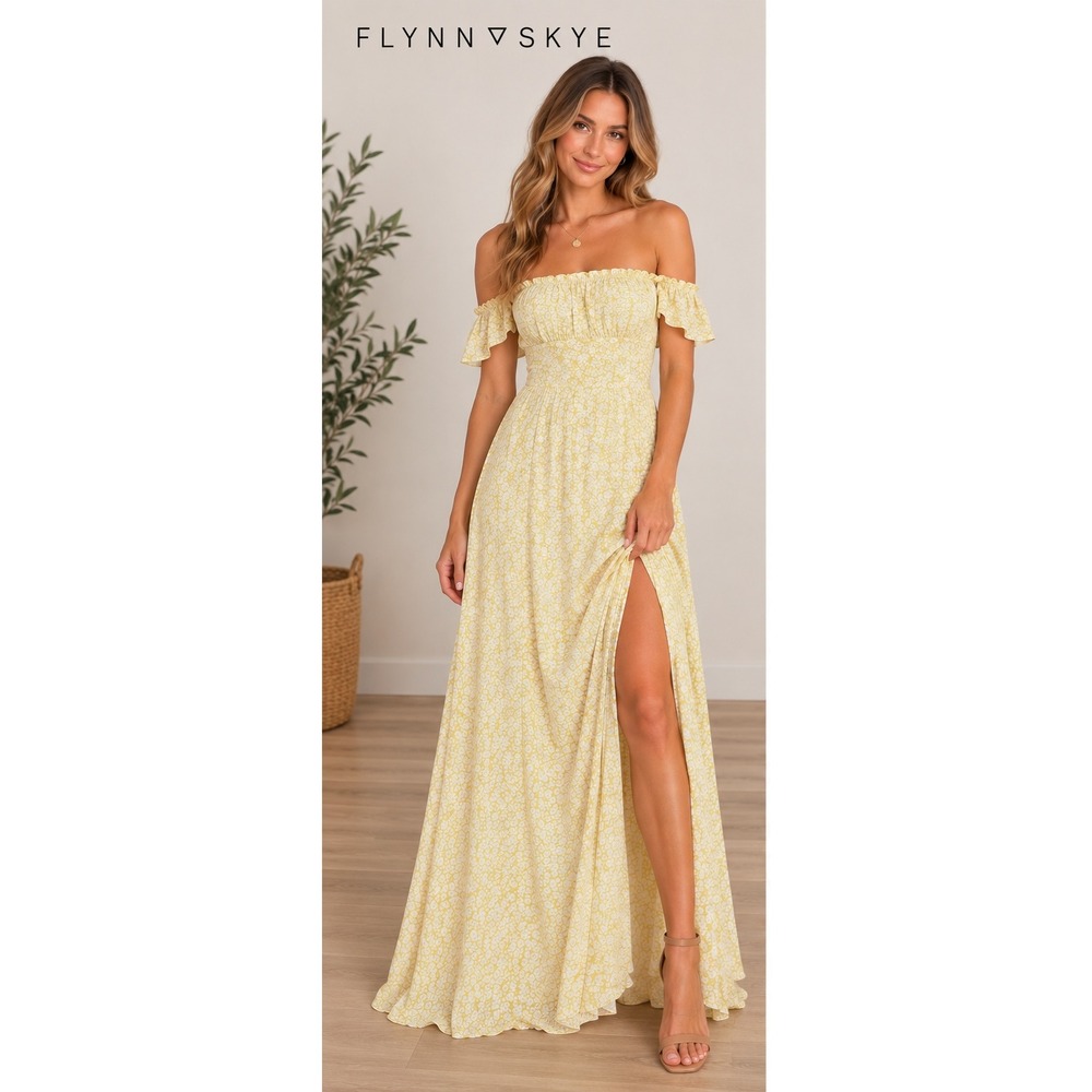 Flynn Skye Bella Maxi Dress Yellow Floral Off Shoulder Rayon Large PS16DL155